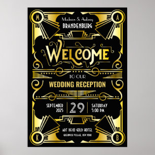Art Deco Hochzeitsempfang Willkommen Gold & Black Poster