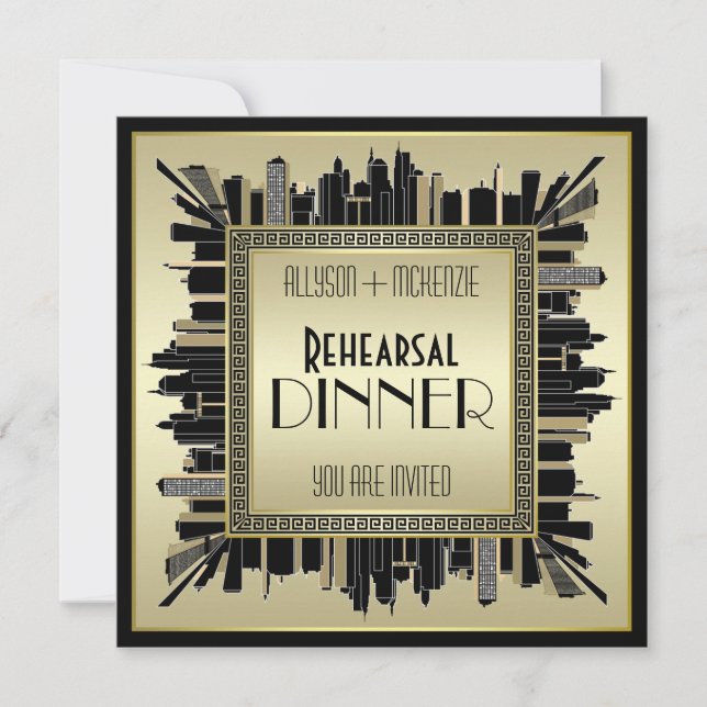 Art Deco Hochzeitsfeier Champagne Gold Probe Abend Einladung (Vorderseite)