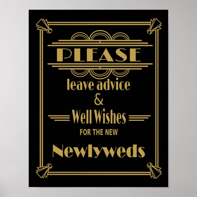 Art Deco Hochzeitszeichen Gold und schwarz Wunschz Poster (Vorne)