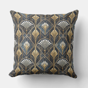 Art Deco Holzkohleschwarz und Gold geometrisches M Kissen