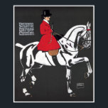 ART DECO HORSE and RIDER: Fine Art Poster<br><div class="desc">Ein wirklich auffallendes und raffiniertes Deko-Gemälde, das als Werbung für einen deutschen Sportschneider verwendet wird. Es wird in zeitlosem Rot, Weiß und Schwarz ausgeführt und zeigt ein gut aussehendes, weißes Pferd und eine Frau, die in einem vollen Reitoutfit mit rotem Fell, schwarzem Top-Hut und Reittier, verlobt im Dressurreiten, reiten reiten...</div>
