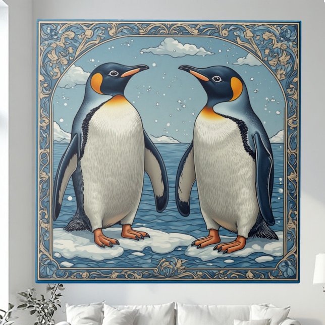 Art Deco Ice Birds Penguin Couple Snow Blue Ocean  Fliese (Art Deco Ice Birds Penguin Couple Snow Blue Ocean Ceramic Tile)