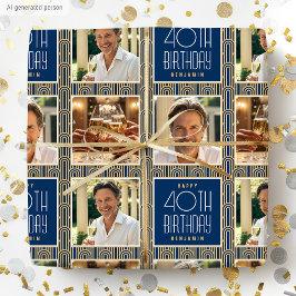 Art Deco Individuelles Altersfoto Geburtstag Navy  Geschenkpapier