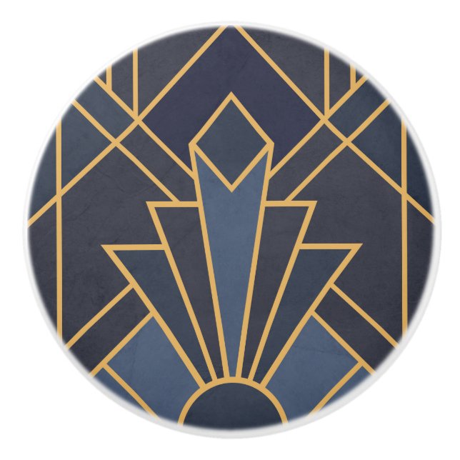 Art Deco Inspiration in Blau und Gold Keramikknauf (Vorderseite)