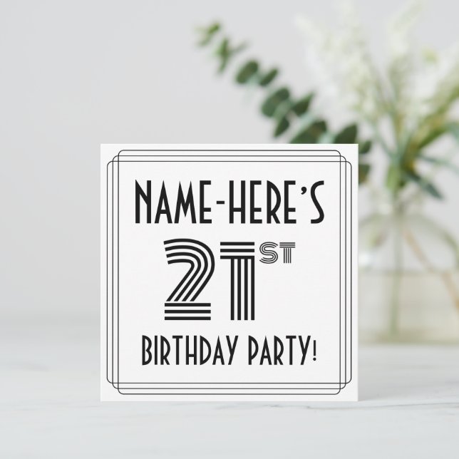 Art Deco Inspired 21st Birthday Party, Custom Name Einladung (Stehend Vorderseite)