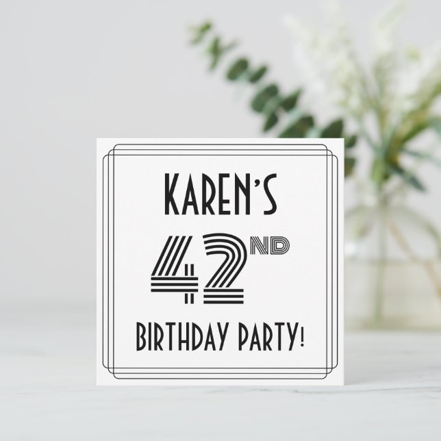 Art Deco Inspired 42nd Birthday Party, Custom Name Einladung (Stehend Vorderseite)