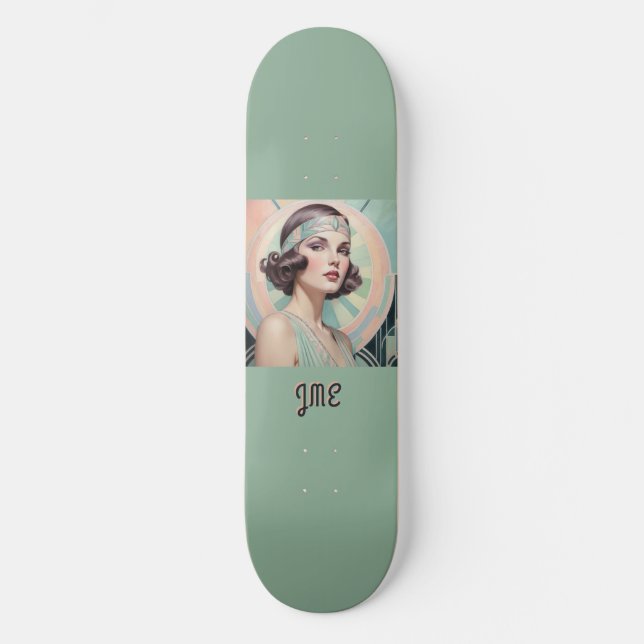 Art Deco Inspiriert Lady Retro Elegantes Monogramm Skateboard (Vorderseite)