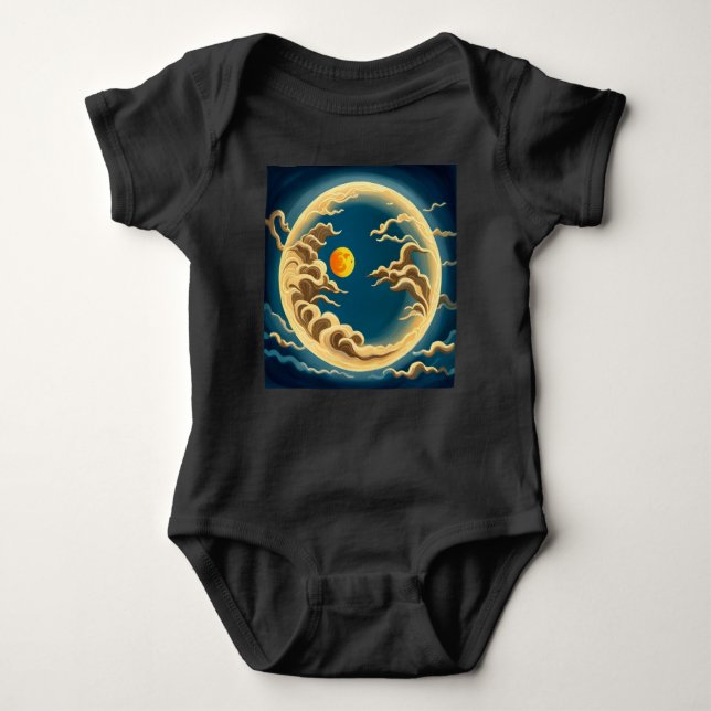 "Art Deco japanisch-Inspiriert Vollmond und Wolken Baby Strampler (Vorderseite)