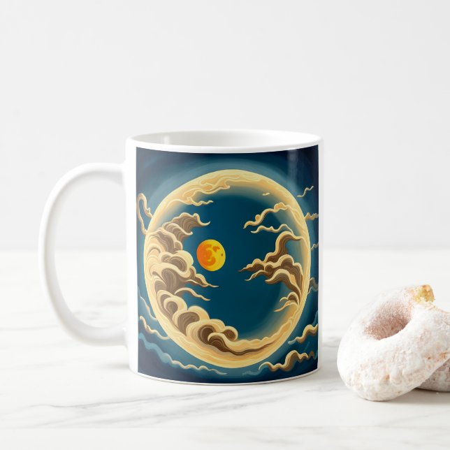 "Art Deco japanisch-Inspiriert Vollmond und Wolken Kaffeetasse (Mit Donut)