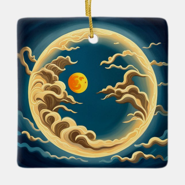 "Art Deco japanisch-Inspiriert Vollmond und Wolken Keramikornament (Vorderseite)