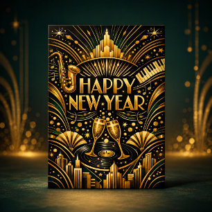 Art Deco Jazz Gold Frohes Neues Jahr Feiertagskarte