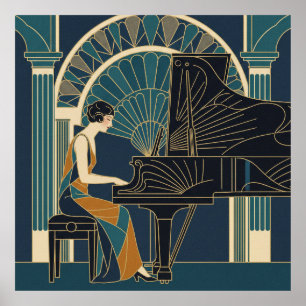 Art Deco Jazz Trio Poster   Saxophon Trompete Gesa