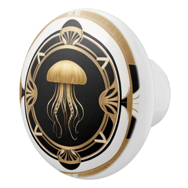 Art Deco Jellyfish Schwarz-weiß Gold Jelly Fish Keramikknauf (Rechts)