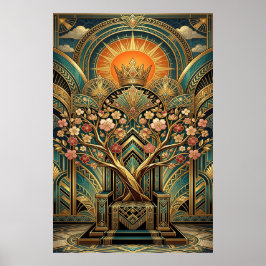 Art Deco Kirschblütenbaum Thron Gold Türkis Poster