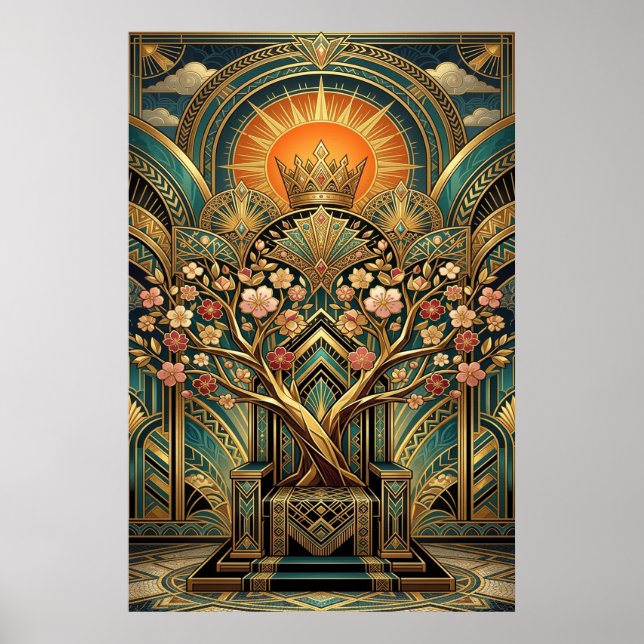 Art Deco Kirschblütenbaum Thron Gold Türkis Poster (Vorne)