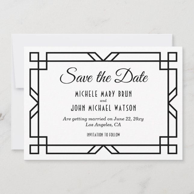 Art Deco Klassik Custom Elegante Schwarz-weiße Hoc Save The Date (Vorderseite)