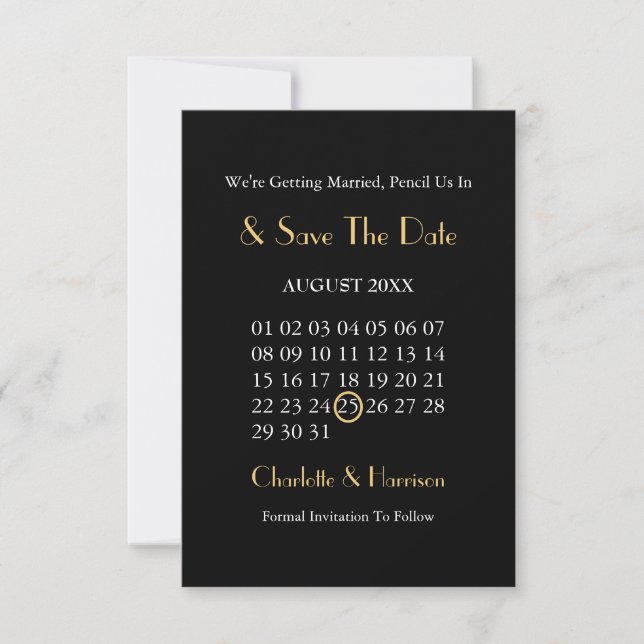 Art Deco Klassische Black Gold Hochzeit Save The Date (Vorderseite)