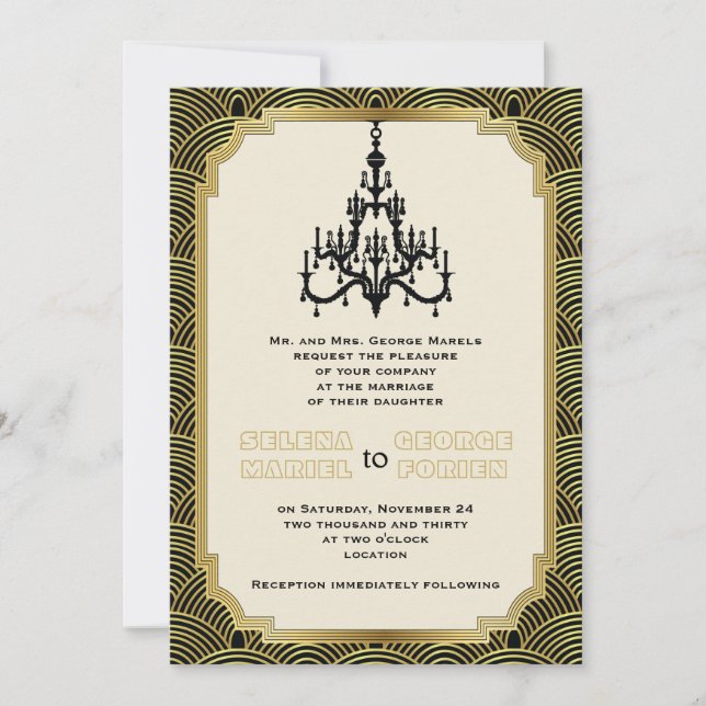 Art Deco Kronleuchter schwarz, Gold seigaiha Hochz Einladung (Vorderseite)