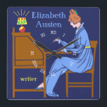 Art Deco Lady Author am Schreibtisch in blau Quadratische Wanduhr<br><div class="desc">Diese personalisierte quadratische Wanduhr hat einen Vintagen Art Deco Schablonenlook. Eine Frau in einem blauen Kleid sitzt an einem Schreibtisch mit aufgehauchtem Stift, während eine Lampe neben ihr scheint. Der Hintergrund ist dunkelblau. Die Frau sieht aus, als wäre sie aus dem 19. oder frühen 20. Jahrhundert. Das Design ist modern...</div>