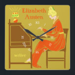Art Deco Lady Author am Schreibtisch in Orange Quadratische Wanduhr<br><div class="desc">Diese personalisierte quadratische Wanduhr hat einen Vintagen Art Deco Schablonenlook. Eine Frau in einem orangefarbenen Kleid sitzt an einem Schreibtisch mit aufgehauchtem Stift, während eine Lampe neben ihr scheint. Der Hintergrund ist dunkles Gold. Die Frau sieht aus, als wäre sie aus dem 19. oder frühen 20. Jahrhundert. Das Design ist...</div>