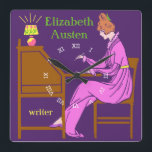 Art Deco Lady Author am Schreibtisch in Rosa Quadratische Wanduhr<br><div class="desc">Diese personalisierte quadratische Wanduhr hat einen Vintagen Art Deco Schablonenlook. Eine Frau in einem rosa Kleid sitzt an einem Schreibtisch mit Schreibtisch, der aufgereiht ist, während eine Lampe neben ihr scheint. Der Hintergrund ist dunkel lila. Die Frau sieht aus, als wäre sie aus dem 19. oder frühen 20. Jahrhundert. Das...</div>