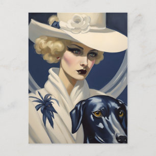 Art Deco Lady in Weiß mit Black Dog, Gatsby Era Postkarte