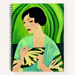 Art Deco Lady mit einem Fan im Jade Green Journal Notizbuch
