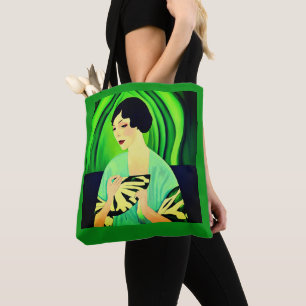 Art Deco Lady mit einem Fan in Jade Green