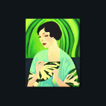 Art Deco Lady mit einem Fan in Jade Green Leinwanddruck<br><div class="desc">Leinwand in einem modernen,  halb abstrakten Art-Déco-Porträt einer Dame in einem Kimono,  mit einem Fan,  vor einem jade grünen abstrakten Hintergrund</div>