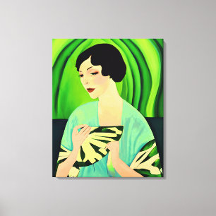 Art Deco Lady mit einem Fan in Jade Green Leinwanddruck