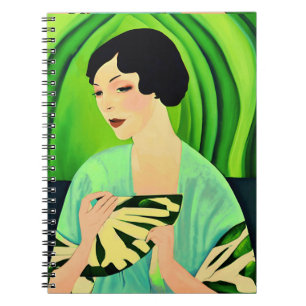 Art Deco Lady mit einem Fan in Jade Green Notizblock