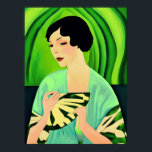 Art Deco Lady mit einem Fan in Jade Green Poster<br><div class="desc">Drucken in einem Art-Déco-Portrait einer Dame in einem Kimono,  mit einem Fan,  vor einem abstrakten Hintergrund in Jade</div>