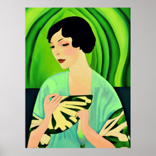Art Deco Lady mit einem Fan in Jade Green Poster