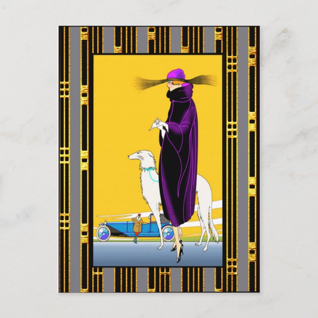 Art Deco Lady mit Hund Postkarte (Vorderseite)