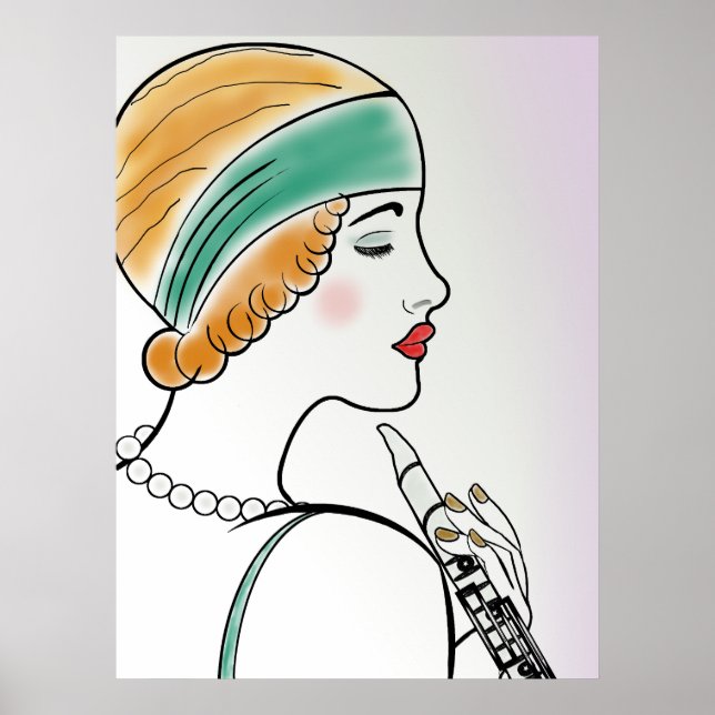 Art Deco Lady mit Klarinette Poster (Vorne)