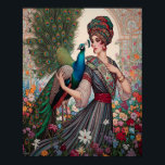 Art Deco Lady mit Peacock Poster<br><div class="desc">Art-Deco-Druck mit einer Dame in einem Turban mit ihrem Pfau,  der durch ihren Blumengarten geht.</div>