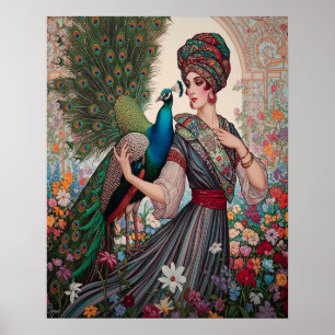 Art Deco Lady mit Peacock Poster