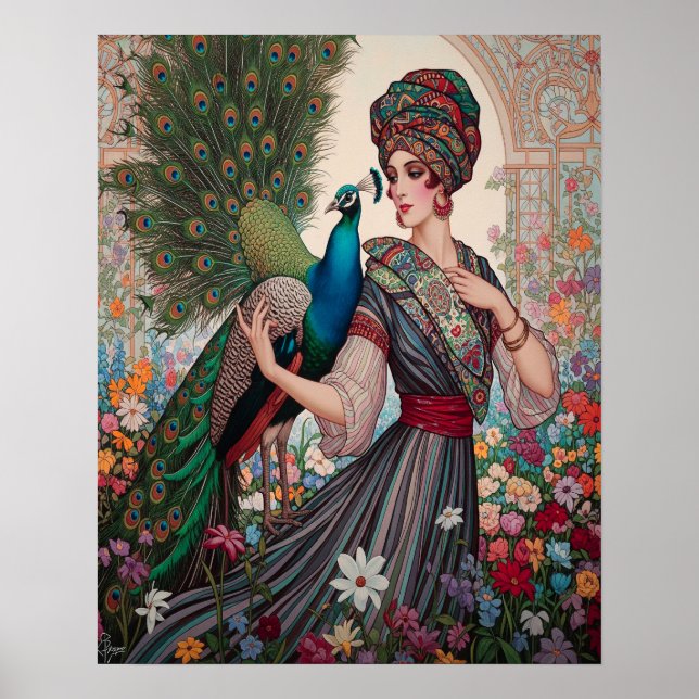 Art Deco Lady mit Peacock Poster (Vorne)