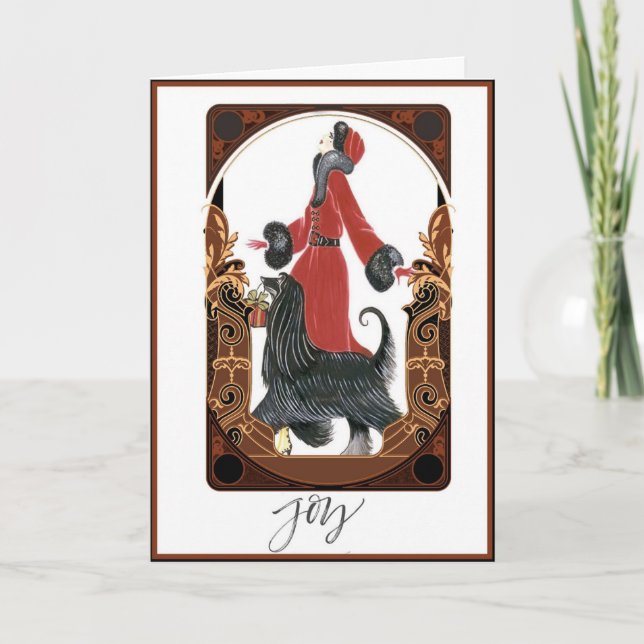 Art Deco Lady Walking Dog Weihnachtskarte Karte (Vorderseite)