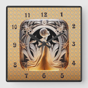Art Deco Lalique Stil Uhr. Quadratische Wanduhr