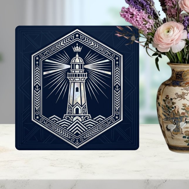 Art Deco Leuchtturm Nautisches Silberdesign Fliese (Von Creator hochgeladen)