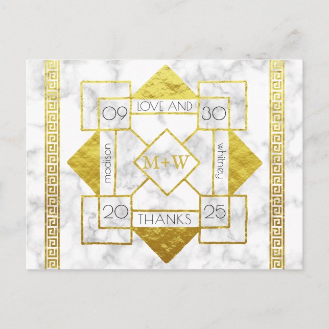 Art Deco Liebe und Dank Hochzeit Marmor Gold Foil Postkarte (Vorderseite)