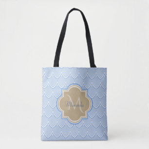 Art Deco Light Blue Fish Scales Tan Monogram Name