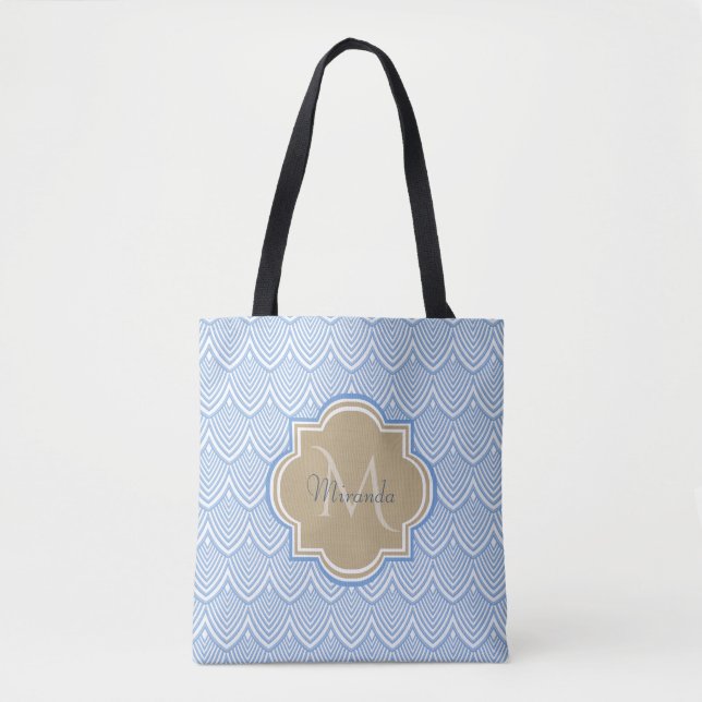 Art Deco Light Blue Fish Scales Tan Monogram Name (Vorderseite)