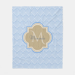 Art Deco Light Blue Fish Scales Tan Monogram Name Fleecedecke