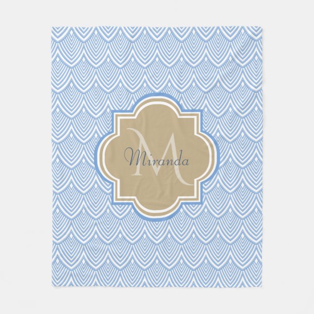 Art Deco Light Blue Fish Scales Tan Monogram Name Fleecedecke (Vorderseite)