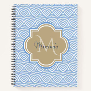 Art Deco Light Blue Fish Scales Tan Monogram Name Notizbuch