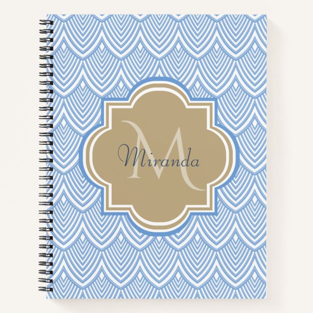 Art Deco Light Blue Fish Scales Tan Monogram Name Notizbuch (Vorderseite)