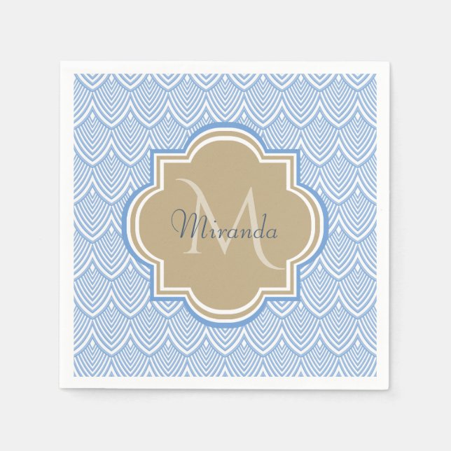 Art Deco Light Blue Fish Scales Tan Monogram Name Serviette (Vorderseite)