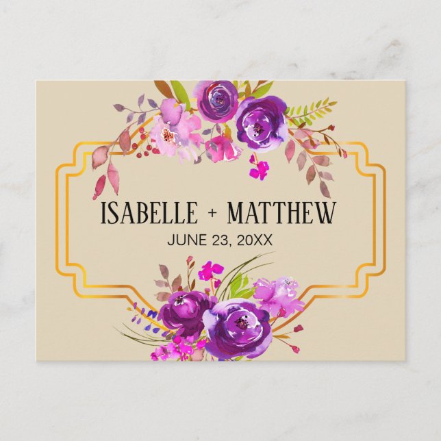 Art Deco Lila Floral Wasserfarbe Save the Date Ankündigungspostkarte (Vorderseite)